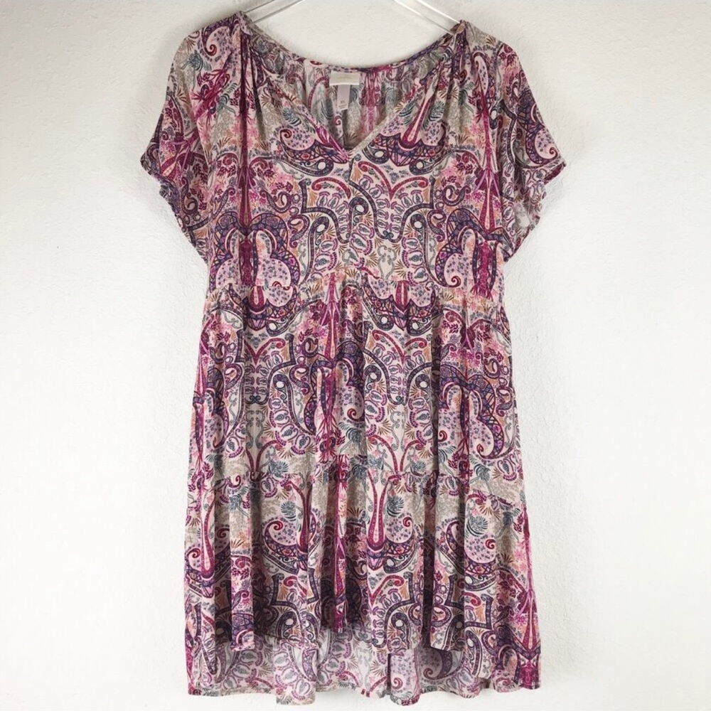 Knox Rose Textured Floral Short Sleeve V-Neck Boho Dress Tunic Pockets Size XL